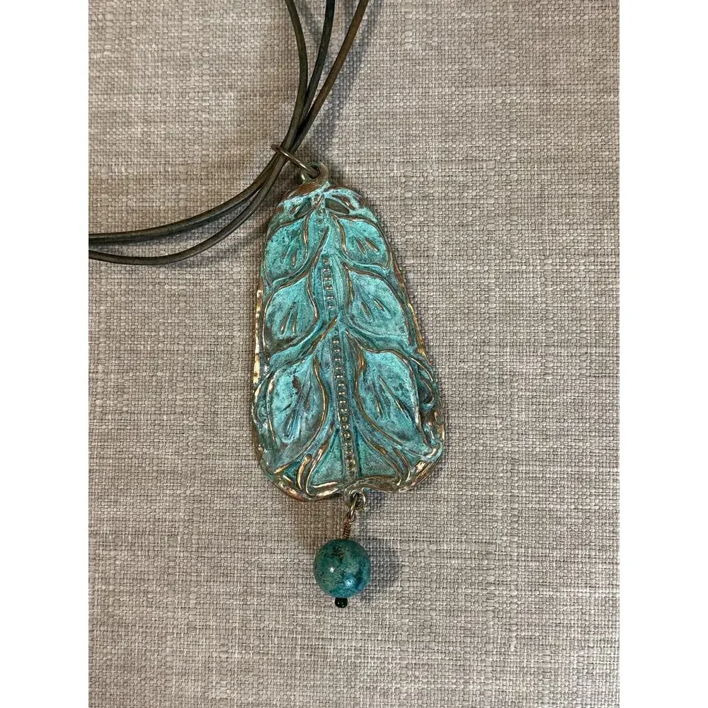 Elaine Coyne Verdigris Patina Brass Calla Lily Pendant Necklace Imperial Jasper